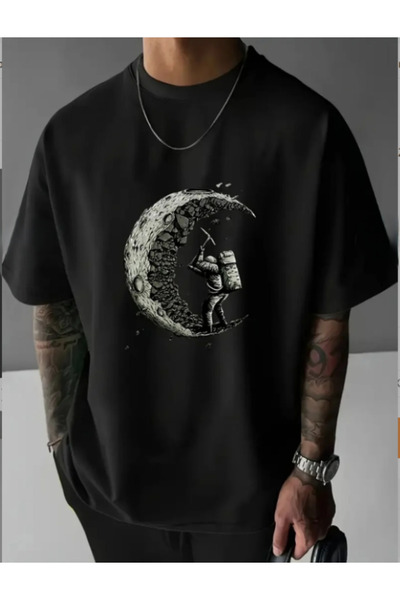 ALCİNOUS TRICOU UNISEX OVERSIZE DIN BUMBAC CU MÂNECĂ SCURTĂ, IMPRIMAT, NEGRU,...