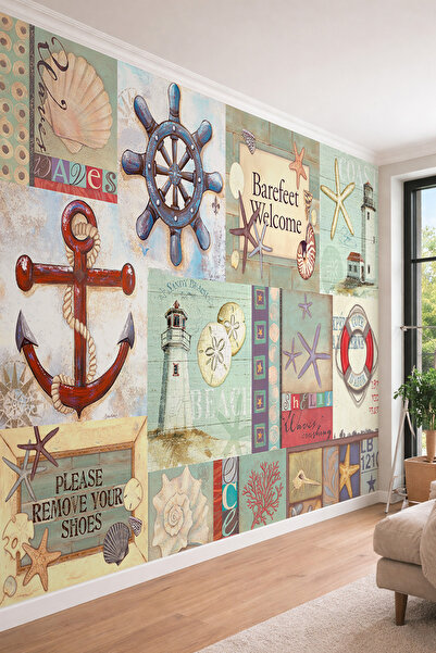 Marine & Coastal Themed Decorative Collage Marine Pattern One Piece Textile Wallpaper