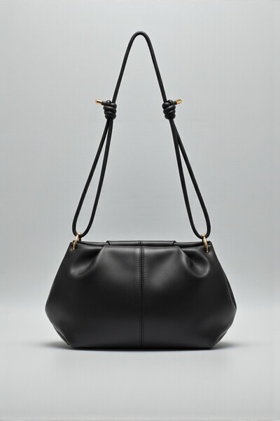 Shirred Design Knot Adjustable Strap Black Soft Form Women's Shoulder Bag