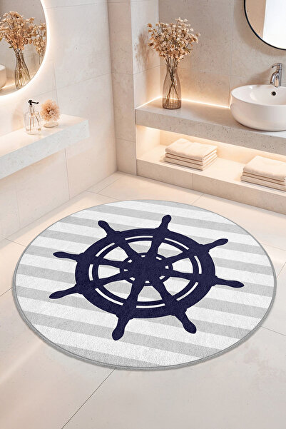 Home Dengeli Çizgili Çapa Desenli Kaymaz Tabanlı Yıkanabilir Banyo Halısı
