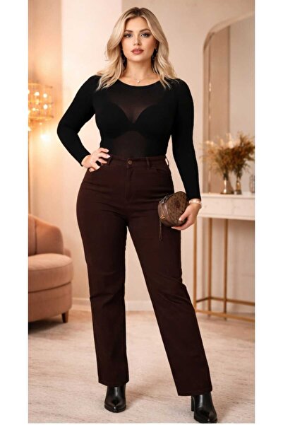 Ramrod Emmiy Kadın Koyu Kahve Büyük Beden Likralı Palazzo jeans