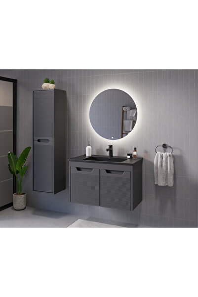 ROSEART BANYO SAFİR2 ANTRASİT 80CM BANYO DOLABI SETİ AYNA + ALT MODÜL + SERAM...