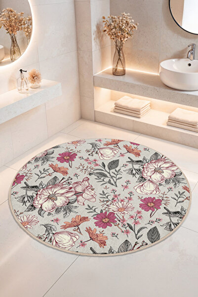 Home Vintage Çiçek Desenli Kaymaz Tabanlı Yumuşak Dokulu Dekoratif Banyo Halısı