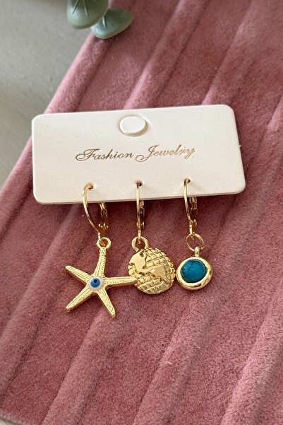 Trendy Butik Sea Star Turquoise Stone Triple Set Earrings