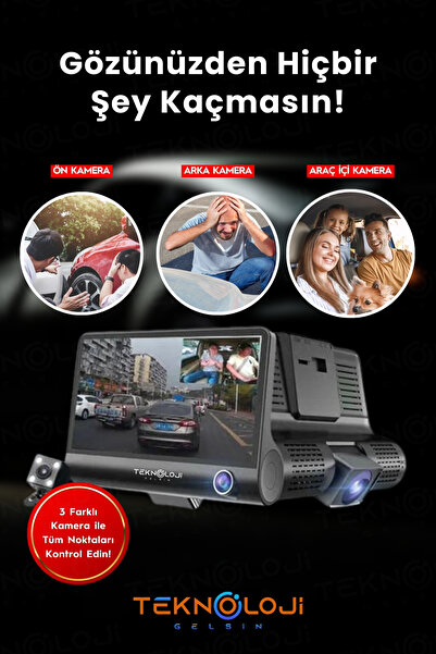 Mat Araç İçi Kamera 4'' Lcd Ekran 3 Kameralı 170° Geniş Açı 1080p G-Sensör Ge...