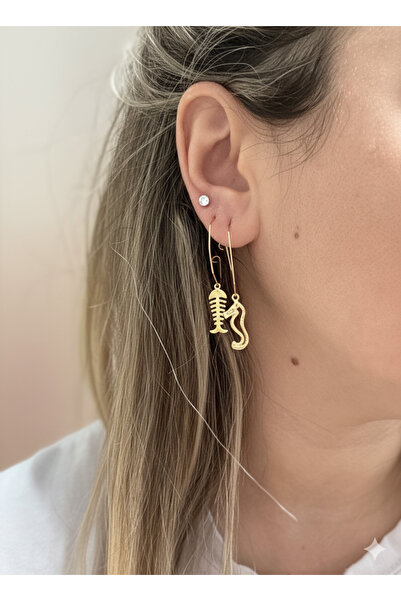 Accessories Evora Studio - Deniz Temalı Gold Balık Kılçığı ve Deniz Atı Figür...