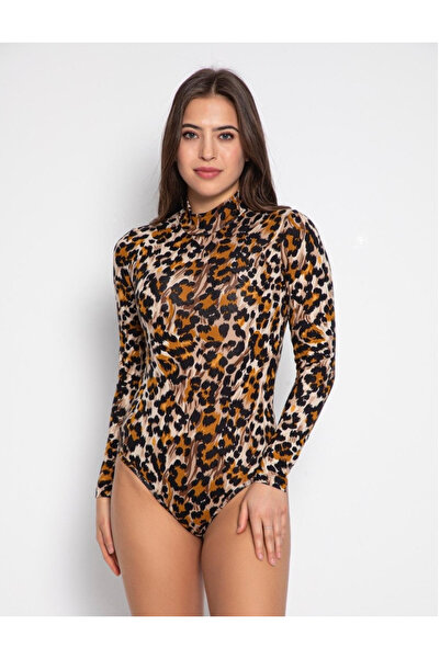 embody Ladies' bodysuit, long sleeves, animal print, brown 03