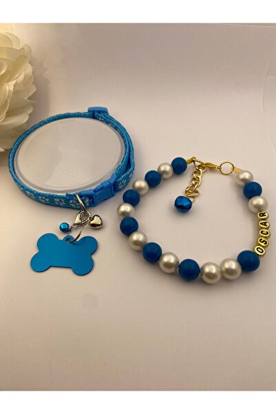 Store Mavi Kedi Tasması Köpek Tasması Kolye Seti İsimli Boncuklu Aksesuar