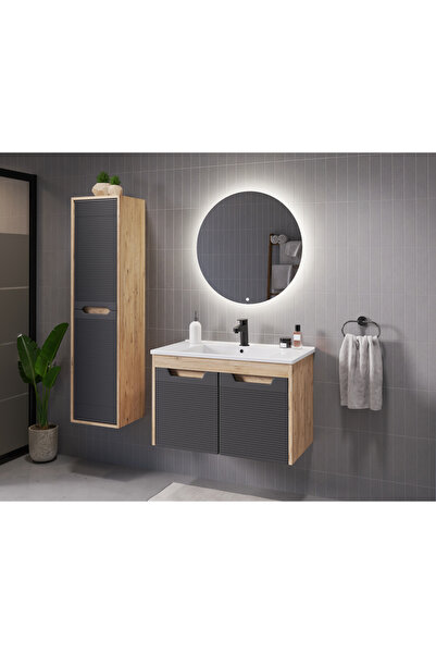 ROSEART BANYO SAFİR2 ANTRASİT MEŞE 80CM BANYO DOLABI SETİ AYNA + ALT MODÜL + ...