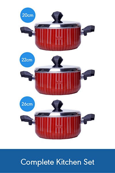 Saif Plus Non-Stick Teflon Pot Trio Set 20, 22 & 26 cm – Red Practical Sizes ...