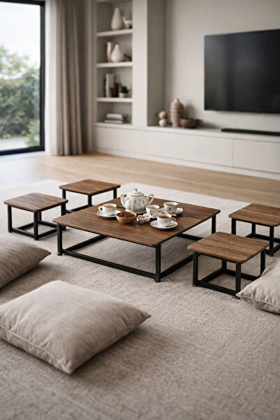 MARIA HOMES 5 Piece Low Center Table Set Industrial Wood Metal Frame Square C...