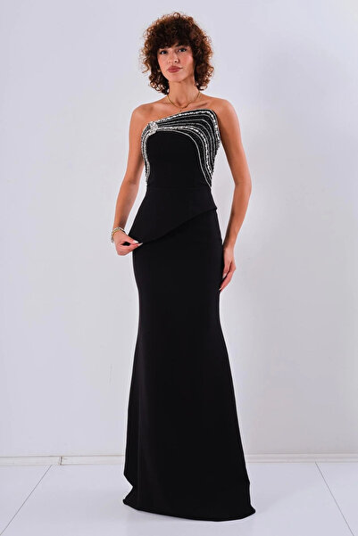 Hot Contact Dazzling Strapless Stone-Embellished Evening Dress