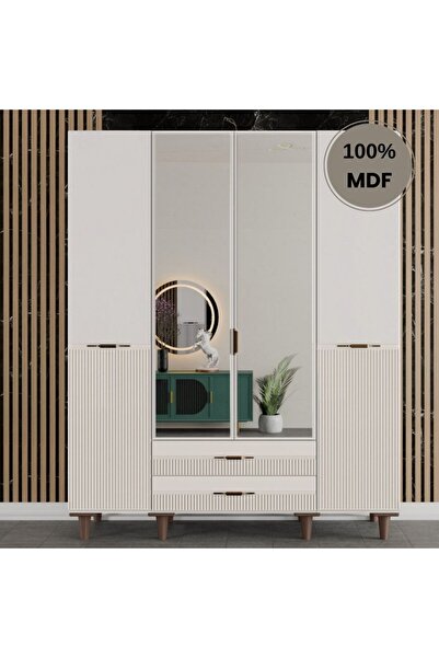 Flances Defne ayaklı tasarım aynalı 4 kapak MDF Gardırop