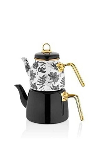 Paçi ÇEYİZ Elite Class Siyah Çiçek Yaprak Desenli Emaye Çaydanlık Takımı 200813