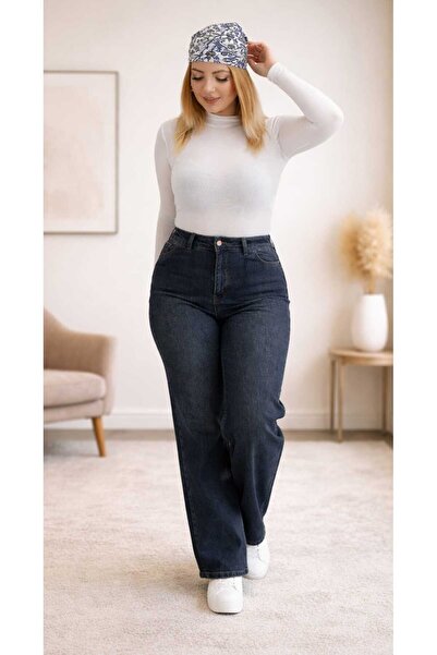 Ramrod Emmiy Kadın Koyu Mavi Kahve Tint Yıkama Büyük Beden Likralı Palazzo jeans