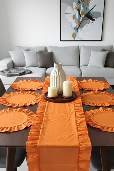 KAMİZ Fırfırlı Turuncu Runner & 6'lı Fıfırlı Supla Seti - 7 Parça Çeyiz Seti