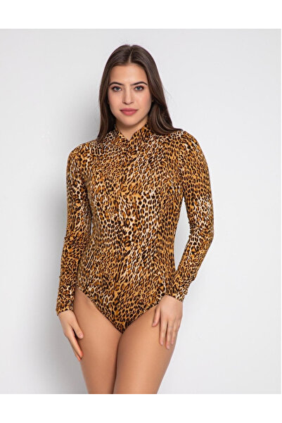 embody Ladies' bodysuit, long sleeves, animal print, brown 09