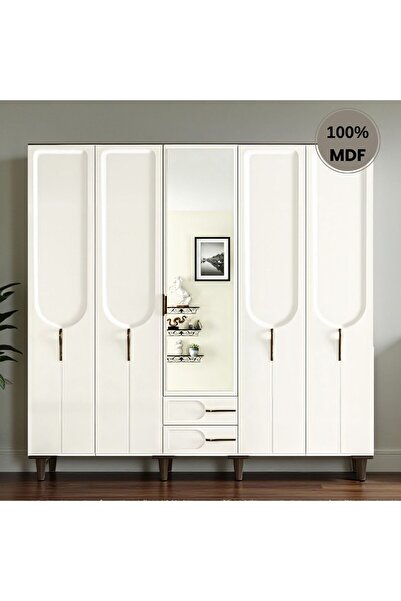 Flances Asya 5 kapak ayaklı tasarım aynalı Country MDF gardırop