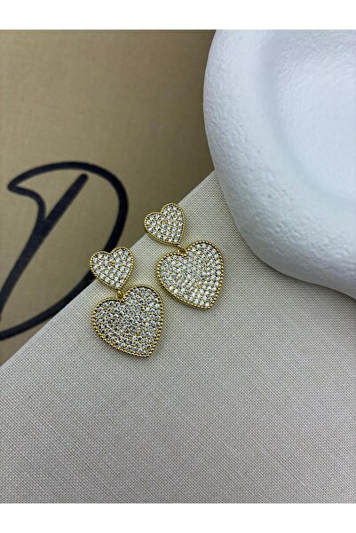 Hedef Bijuteri Gold Color Dangle Heart Model Zircon Stone Earrings