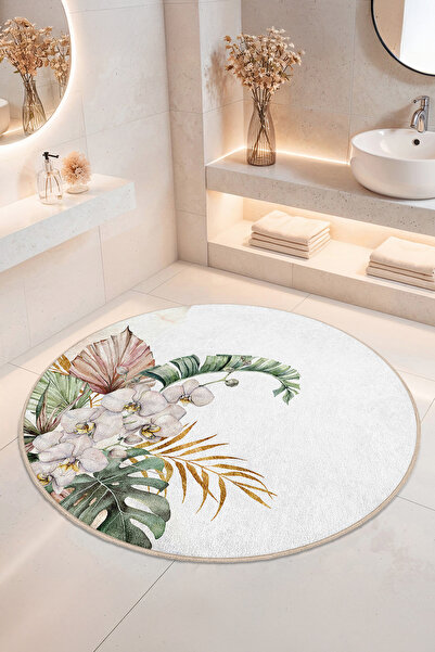 Home Beyaz Orkide ve Tropikal Yaprak Desenli Kaymaz Tabanlı Yıkanabilir Banyo...