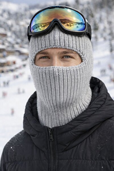 MARBERRY Gray Knitwear Knitted Balaclava Men's Beanie Snow Mask