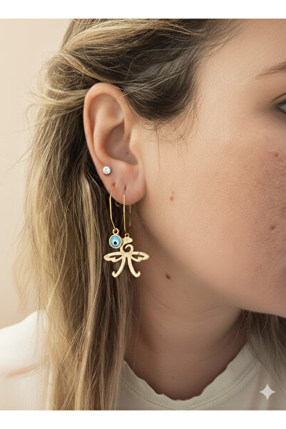 Accessories Evora Studio - Nazar Boncuklu Gold Yusufçuk Detaylı Halka Küpe