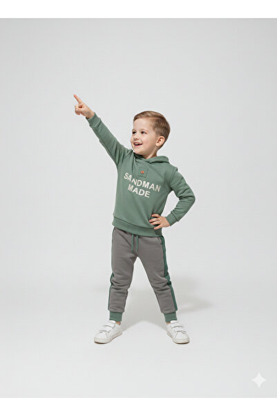 Momivi Kids Erkek Çocuk Kapüşonlu Düğme Detaylı Sweatshirt Yanı Şeritli Eşofm...
