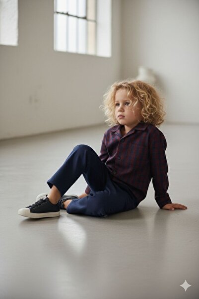 Butik Erkek Çocuk Lacivert Bordo Ekose Gömlekli Takım