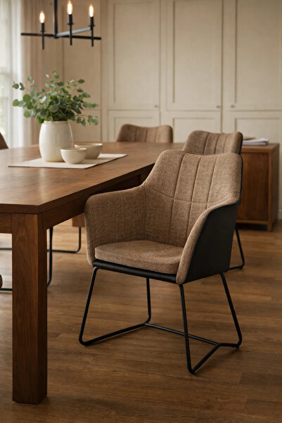 MARIA HOMES Premium Brown Fabric and Black Leather Dining Armchair with Metal...