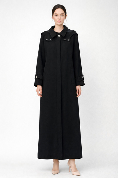 Kayra Hooded Cashmere Coat with Epaulettes on the Wrists, Black