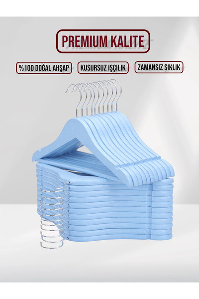 SDF Askı Mavi Ahşap Bebek Elbise Pantolon Askısı 10 Adet