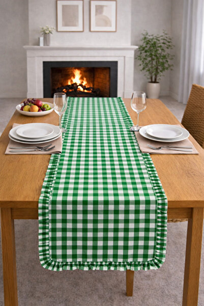 ŞAH TEXTILE DESIGN yeşil Pötikare fırfırlı duck keten vintage runner 40x150