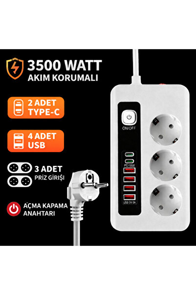 SMAYLİNG 3500W Akım Korumalı 3’lü Priz | 2 Type-C + 4 USB Girişli | Açma Kapa...