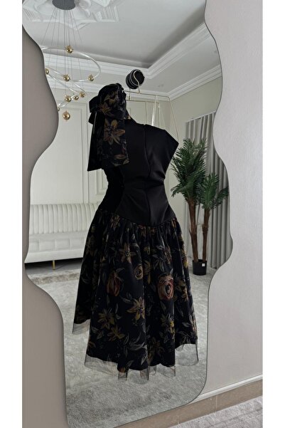 Meryl "Orchid" black dress with shoulder bow and floral print