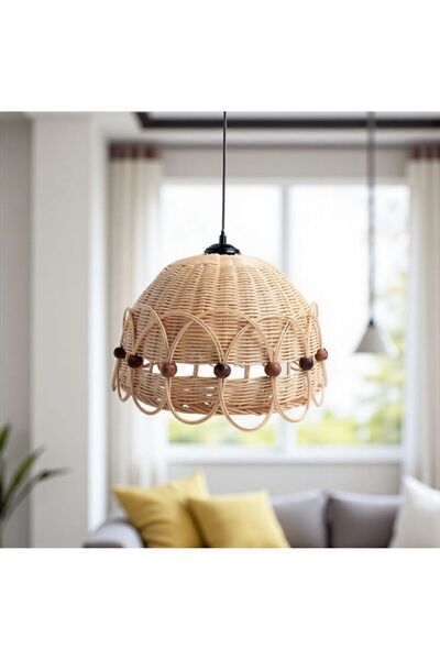 SEÇİL El Yapımı Hasır Avize – Boncuk Detaylı Boho Dekoratif Sarkıt Aydınlatma