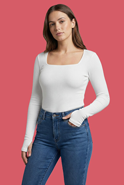 evona butik Uzun Kollu Kare Yaka Kadın Bluz parmak detaylı