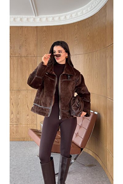 HAZELANNA Laminated Brown Plush Coat
