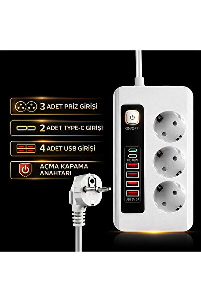 SMAYLİNG 3500W Akım Korumalı 3’lü Priz | 2 Type-C + 4 USB Girişli | Açma Kapama Anahtarlı | 2 Metre Kablolu