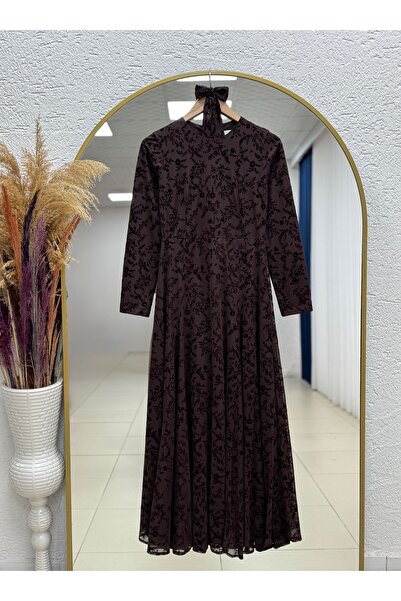 BENAHOLL فستان شاهيكا من التول المطرز بنقشة فلوك - PA9822 بني