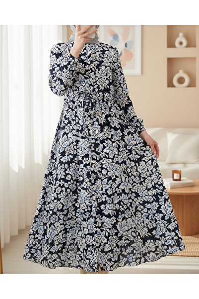 Modamorfo 2144 Magnificent Collar Hijab Dress - Navy Blue