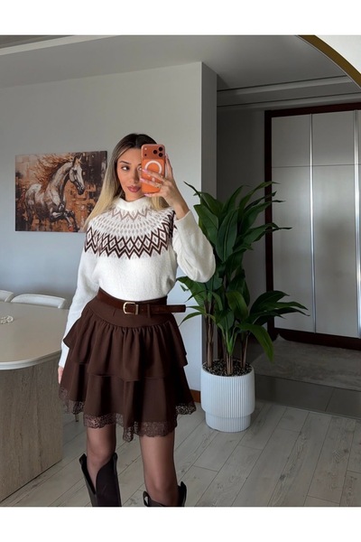 Jungle İçi Şortlu Dantel Detaylı Kemerli Etek Kahverengi