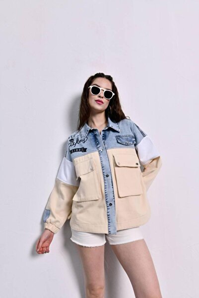 KUN SPORTSWEAR Vintage Denim Printed Oversize Jacket with Pocket Details