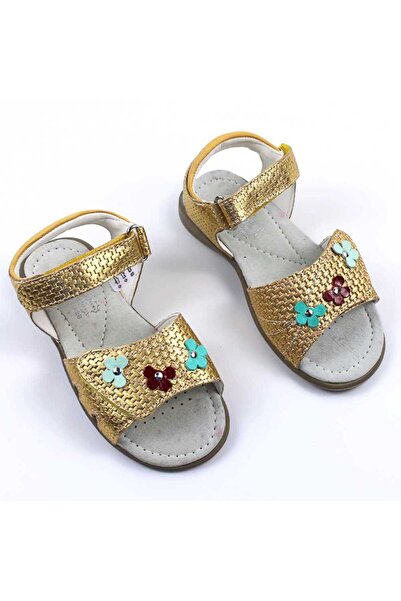 tino Sandale din piele naturala , lacuita , pentru fetite , cu flori 1833-AUR...