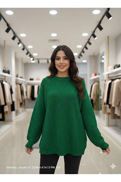 Sublime Butik Дамски ежедневен овърсайз пуловер с кръгло деколте и цепка, пле...