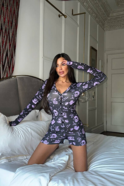 Afitapbutikmoda Uzun Kollu V Yaka Dügmeli Pijama Şort Tulum