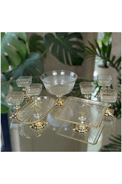 ÇNR Home Collection PAŞABAHÇE GOLD DETAYLI METAL AYAKLI SENUM & SERVİS SETİ P...