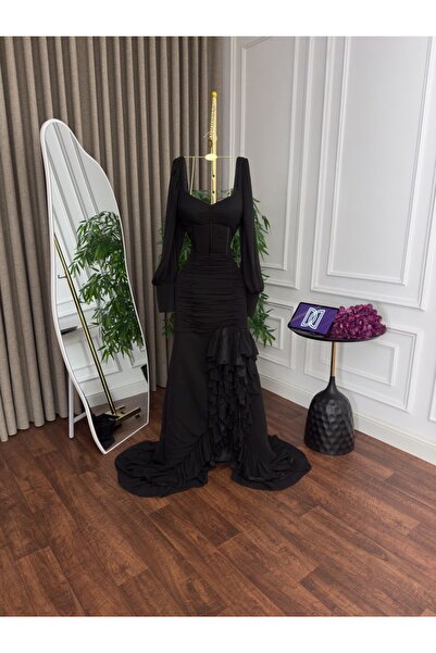 Meryl Viola Black Evening Set (2 pieces) - Corset and Draped Skirt with Lace ...