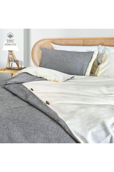 DNC home tekstil طقم غطاء لحاف مفرد من الكتان الفاخر باللون الرمادي الكريمي ذ...