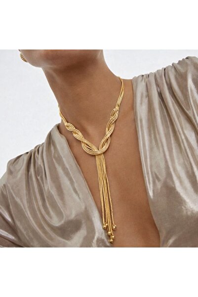 Miren Takı Moda Gold Renk Örgü Model Püskül Uçlu Kolye