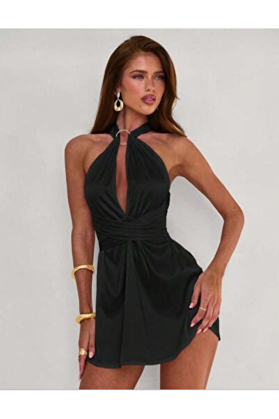 Bleu Petite Rochie de seară elegantă, neagră, cu detaliu de inel elastic